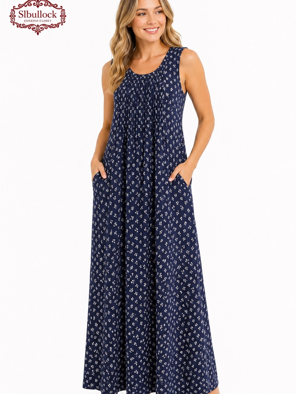 V4 Vermont Country Store Navy Floral Cotton Knit Maxi Dress Size M Pockets